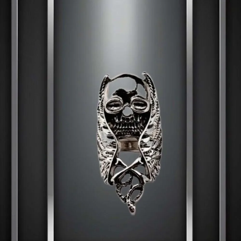 MENS Ring Antique Silver tone Skull Wings Snake Size 11 Rings